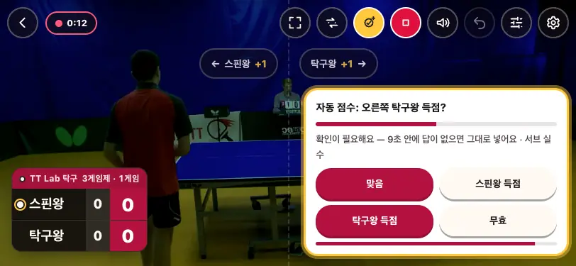 「자동 점수: 오른쪽 탁구왕 득점? 확인이 필요해요」 제안과 「맞음 · 득점 · 무효」 단추